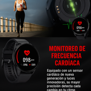 indica que el Smartwatch que genera una Elegancia en un Diseño Redondo, monitoreando el mínimo cambio del ritmo del corazón con un sensor cardiaco de nueva generación